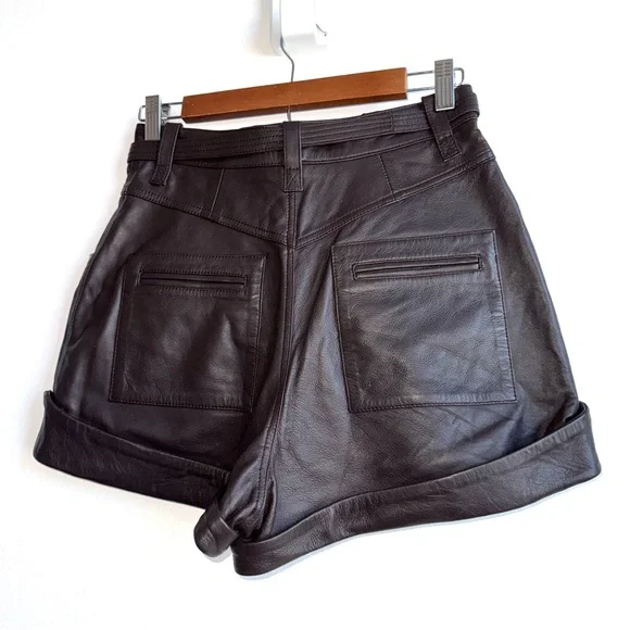 Revolve L’Academie Savon Size Small Dark Brown Leather Shorts Tie Waist Cuffed
